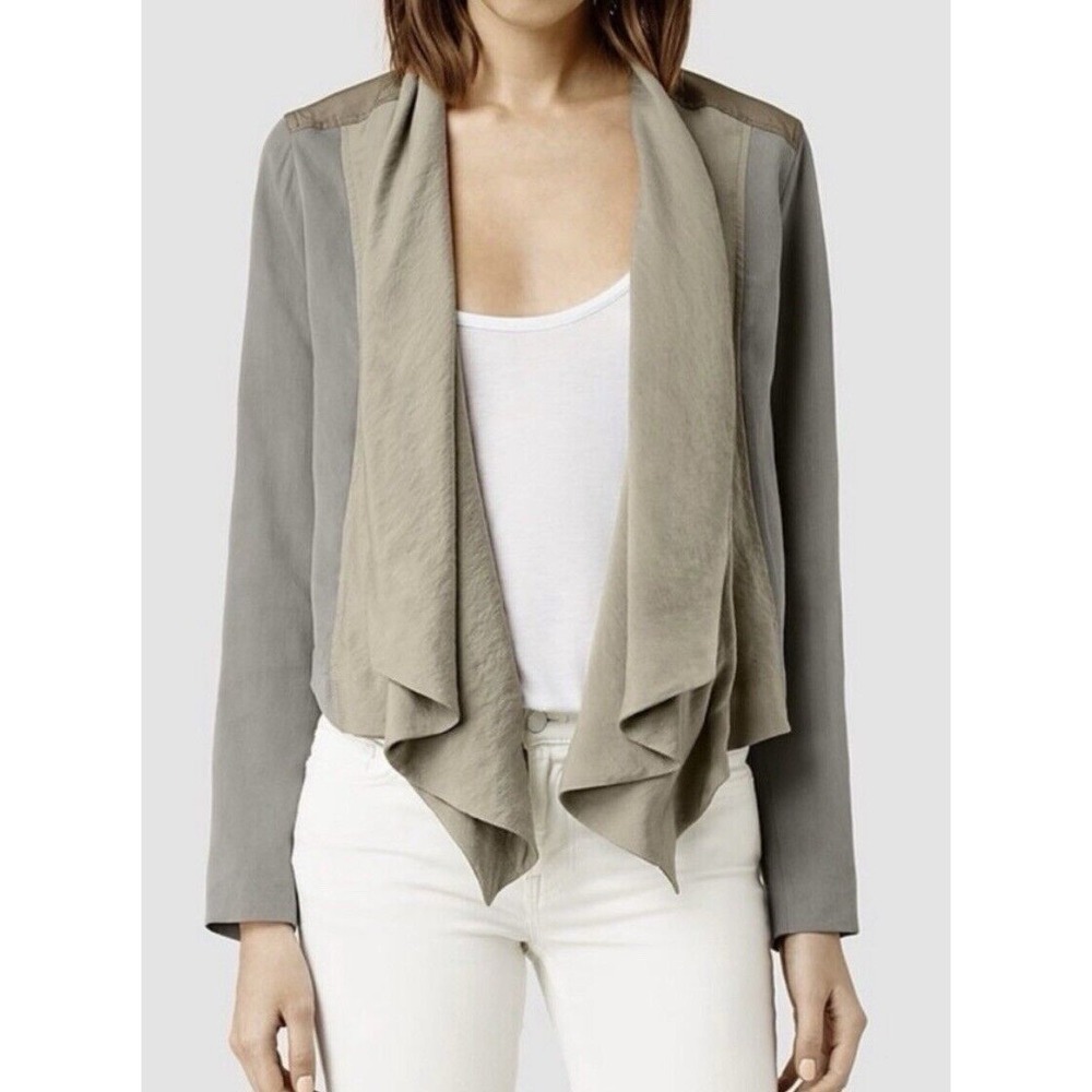 ALL SAINTS Kwar cropped long sleeve jacket khaki  block green tan Women Size 2 - Picture 13 of 13